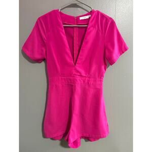 Lush Hot Pink Romper Deep V Front Short Sleeve Dressy Romper Size S
